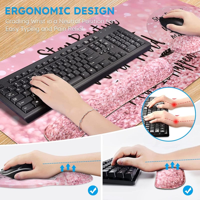 iCasso Mouse Pad,Large Pink Desk Mat Set, 4in1 XXL Mousepad + Keyboard Wrist Rest+Mouse Wrist Rest+Coaster with Ergonomic Desk Pad for Home Office Table Computer Cover -Pink Stay Positive - Image 3